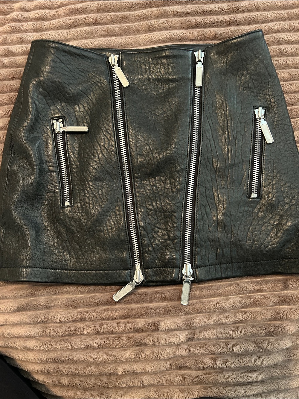 Black Leather Zip-Front Mini Skirt